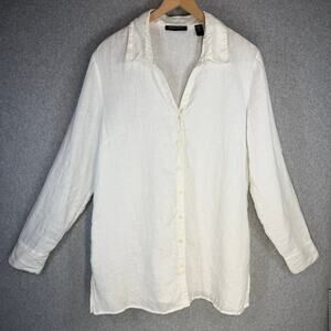 Valerie Stevens Women's Blouse White Linen Button Down Shirt XL Roll Tab Sleeve